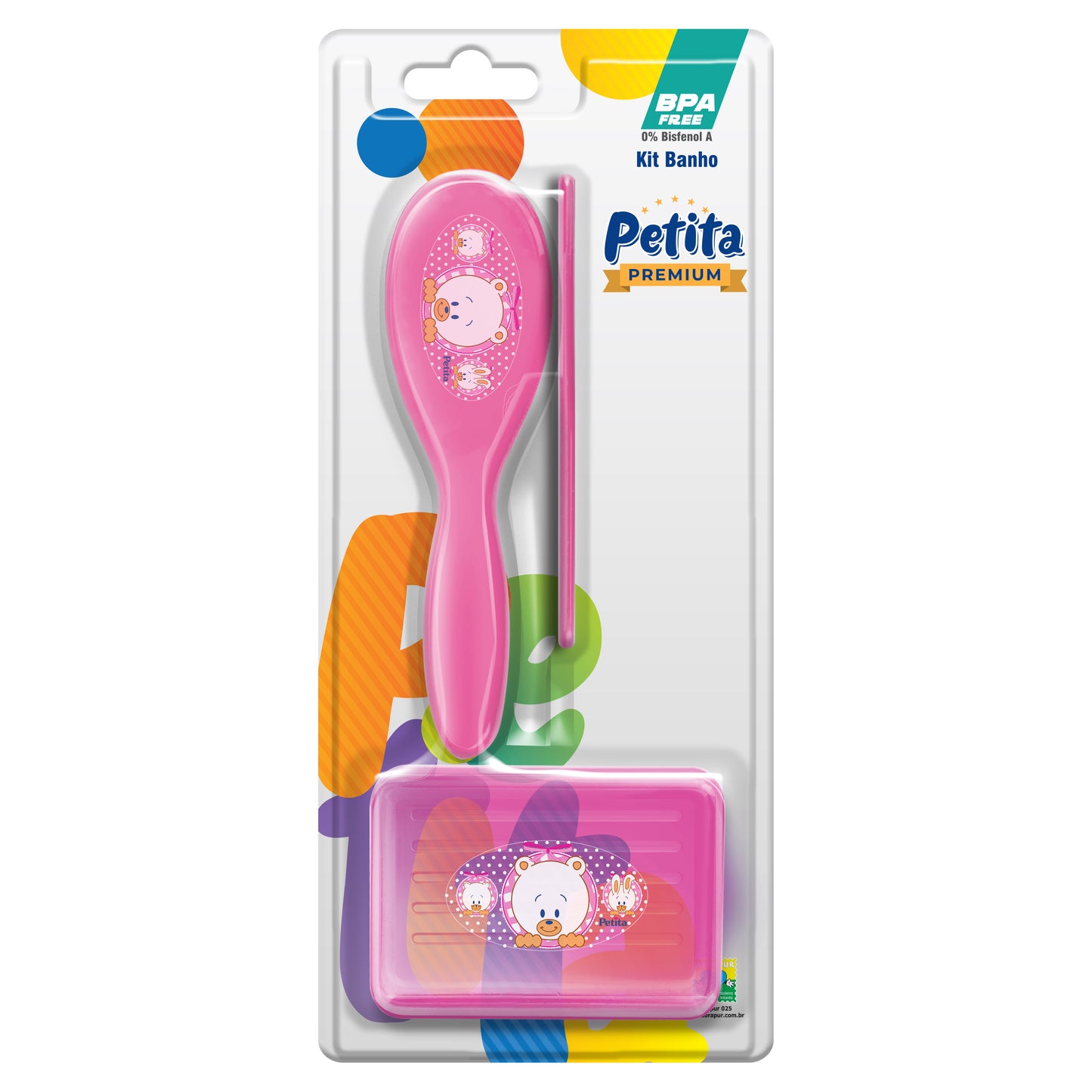 Kit de Banho Infantil Filhotes com Escova e Pente Color Azul e Rosa BPA Free – Petita
