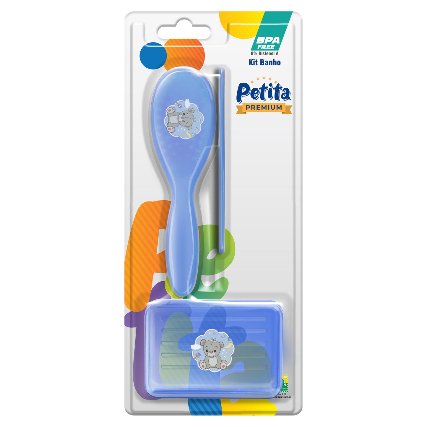 Kit de Banho Infantil Urso com Escova e Pente Color Azul e Rosa BPA Free – Petita