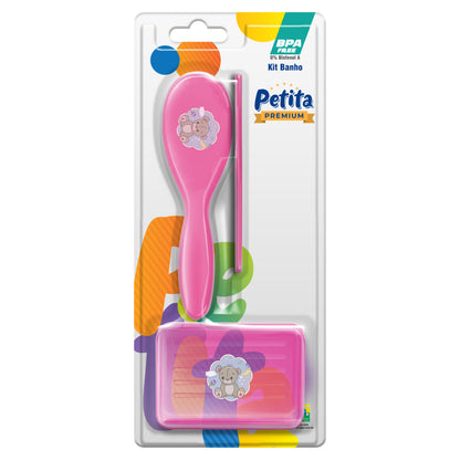 Kit de Banho Infantil Urso com Escova e Pente Color Azul e Rosa BPA Free – Petita